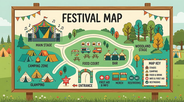 Illustrated festival event map on a wooden signpost featuring stages and facilities