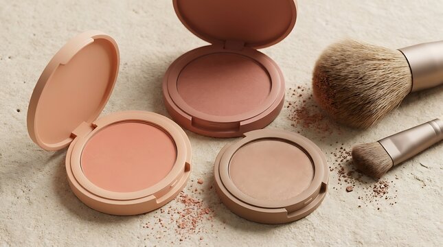 Face powder compacts and makeup brushes on a grey textured surface for beauty and cosmetic styling. beginner makeup guide
