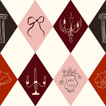 Vintage Geometric Seamless Pattern with Candles, Bows and Floral Vases