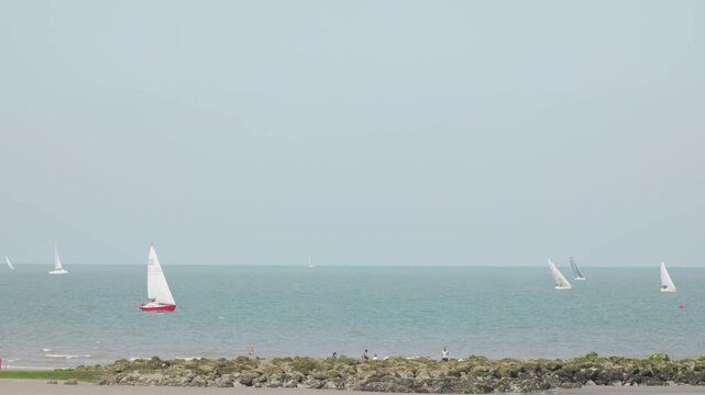 Sailboats at sea beyond a rocky shore under a pale blue sky slow motion view from the coast long zoom compressed perspective