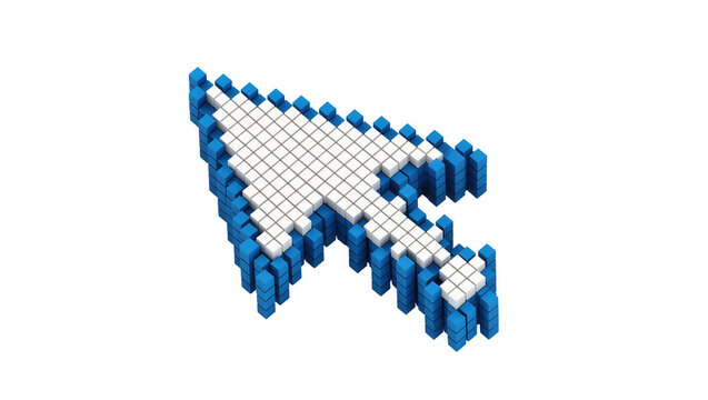 Pixelated blue and white computer mouse cursor made of cubes, isolated on transparent background