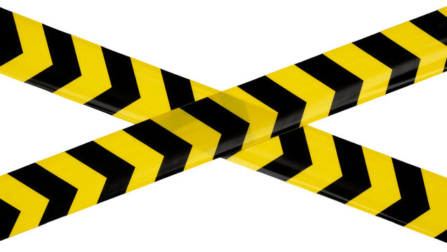 Yellow and black hazard warning tape forming an X shape, isolated on transparent background