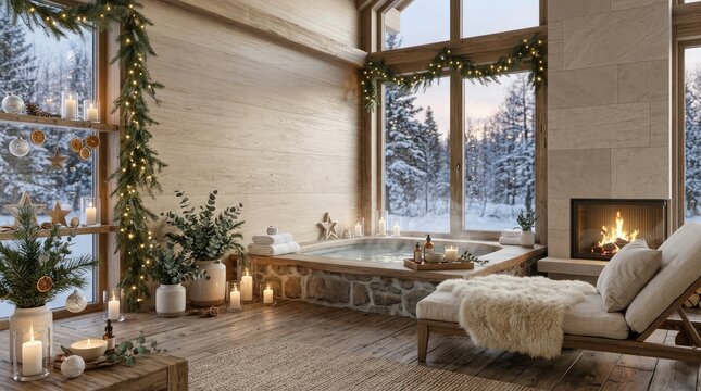 Luxurious bathroom with jacuzzi and fireplace during winter holidays