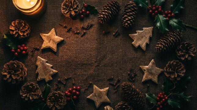 Dark moody Christmas flat lay with rustic carved wooden ornaments, pine cones, and winter berries on textured burlap