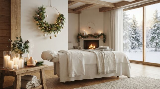 Massage table in wellness room adorned with christmas decorations