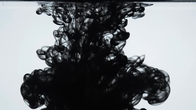 Black ink dissolving in clear water showing diffusion and fluid dynamics over time