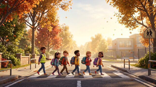 Diverse group of happy children walking to school across a crosswalk on a sunny autumn day.