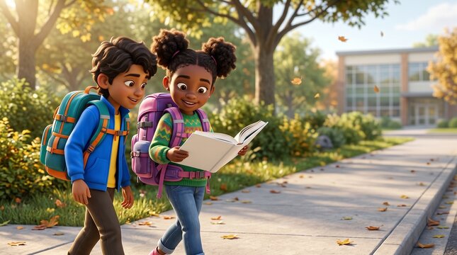 Two diverse children walking to school together while reading a book in the autumn sunshine.