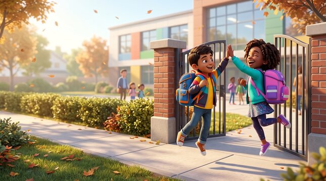 Happy diverse children jumping and high-fiving in front of school building on a sunny autumn day.