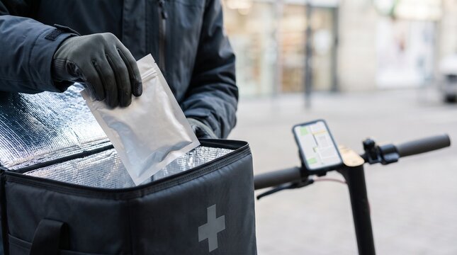 Delivery worker taking a package out of an insulated thermal bag on a city street.