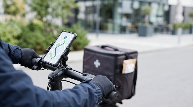 Delivery courier riding a bicycle with a navigation app on a smartphone.
