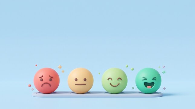 A set of four 3D spheres showing different emotional expressions on a light blue background.