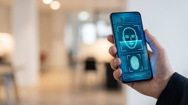 A hand holding a smartphone displaying facial and fingerprint recognition security interface.