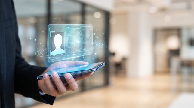 Businessman holding a smartphone with a digital holographic identity card interface.