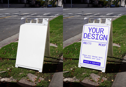 Mockup Of Customizable A-Frame Sidewalk Sign On Street Grass