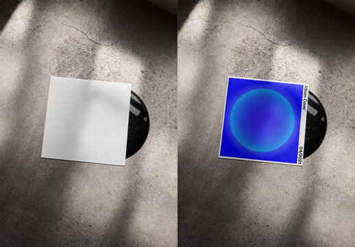 Mockup Of Customizable LP Cover With Record On Sunlit Concrete