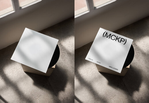 Mockup Of Customizable LP Cover On Wooden Stool In Sunlight