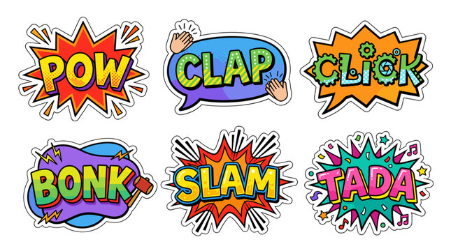 Graphic comic action words including pow clap and tada.