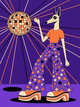 Fun flat illustration of cool dog in sunglasses dancing under disco ball in star flares