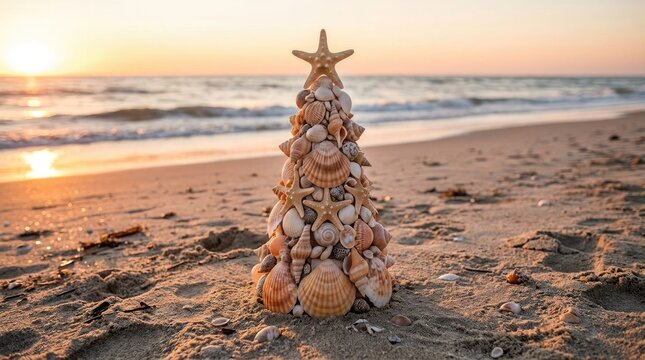 Decorative shell christmas tree topped with a starfish on a serene tropical beach