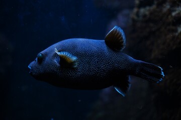 Spotted pufferfish with golden fins swimming in deep blue aquarium water, dark underwater background with copy space © Anna
