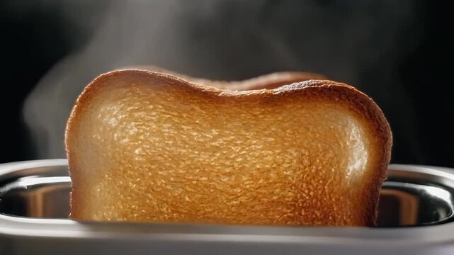 Video of freshly toasted bread slowly emerging from a toaster, golden brown crust glistening with natural heat, delicate steam rising in slow motion, soft fluffy interior visible at the edges