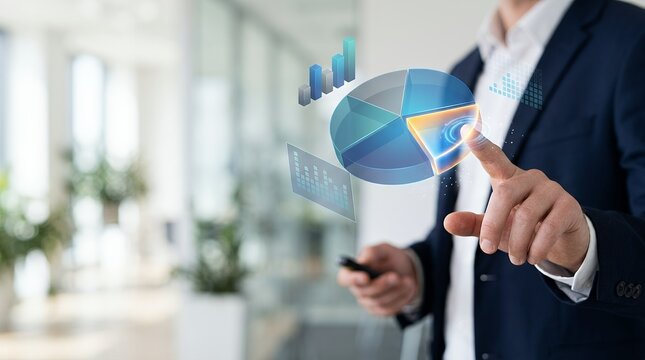 Businessman interacting with a virtual holographic pie chart in a modern office.