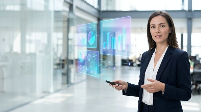 Professional businesswoman presenting financial data charts on a futuristic holographic interface in a modern office.