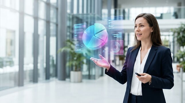 Professional businesswoman presenting financial data using a futuristic holographic interface in a modern office.