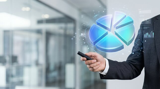 Businessman using a remote control to display a holographic pie chart for business data analysis.
