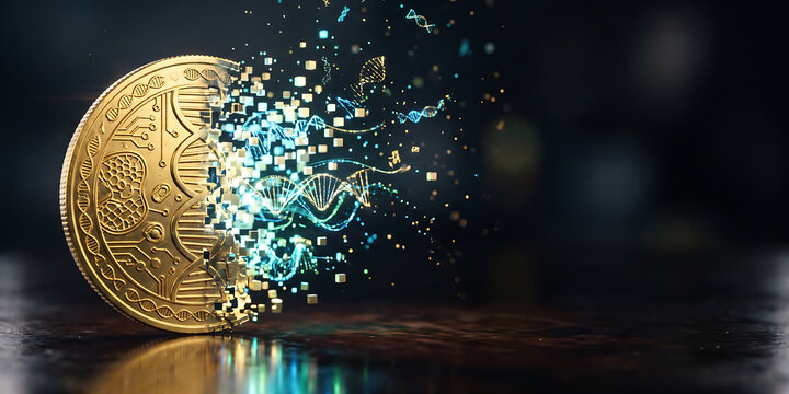 Gold coin disintegrating into digital data and DNA helix, representing cryptocurrency evolution and technological innovation on dark background.