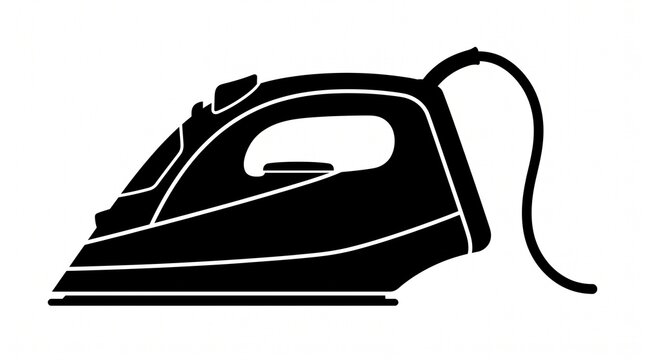 Black silhouette of a modern steam iron with power cord on white background