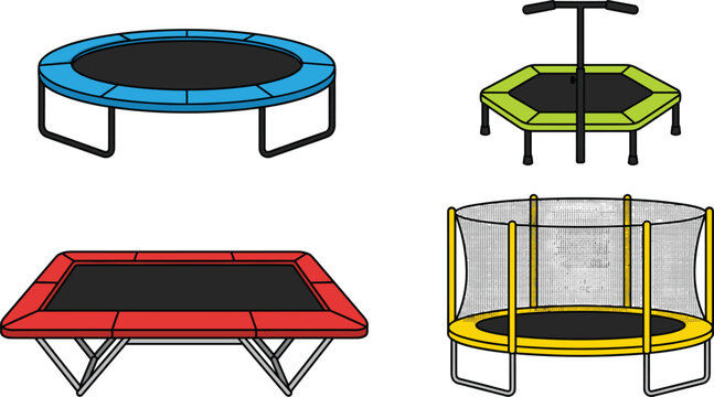 Trampoline icon vector set featuring fitness rebounder mini trampolines with safety net handle bar equipment for backyard recreation sport workout gym