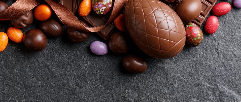 Assorted easter chocolates arranged on dark stone surface with copyspace