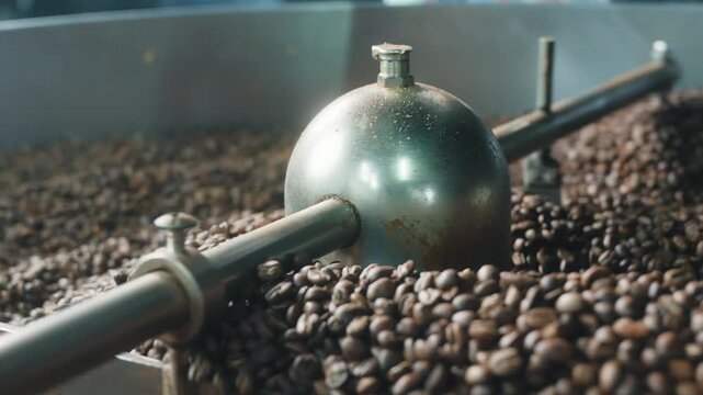 Roasted coffee beans mixing in industrial roaster drum at production facility close up stirring aromatic grains with machinery during roasting process manufacturing caffeine food beverage preparation