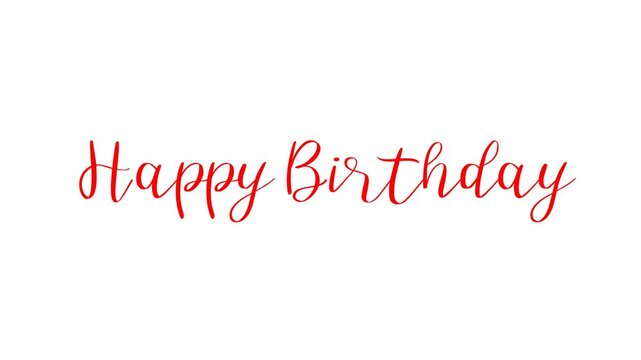 Red cursive letters spelling words happy birthday background white plain blank empty.