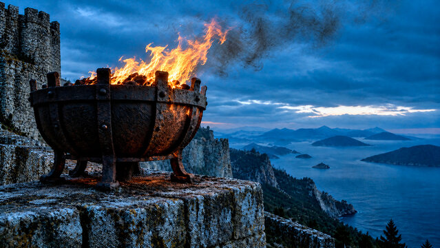 Burning fire in a rusty metal brazier on a stone castle wall. Dramatic twilight landscape with ocean and islands in the background. Historical fantasy concept