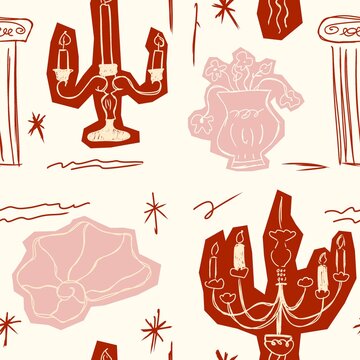 Elegant vintage-inspired seamless pattern featuring hand-drawn candle holders, decorative flowers, ornamental columns, and sparkling star motifs.
