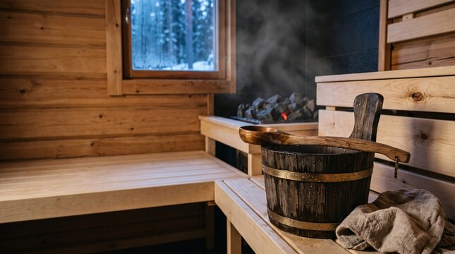 A traditional wooden sauna bucket and ladle sitting inside a cozy Finnish steam bath