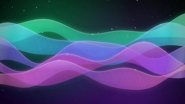 Abstract Background Featuring Flowing Neon Gradient Wave Patterns and Shimmering Light Particles in a Dark Cosmic Atmosphere