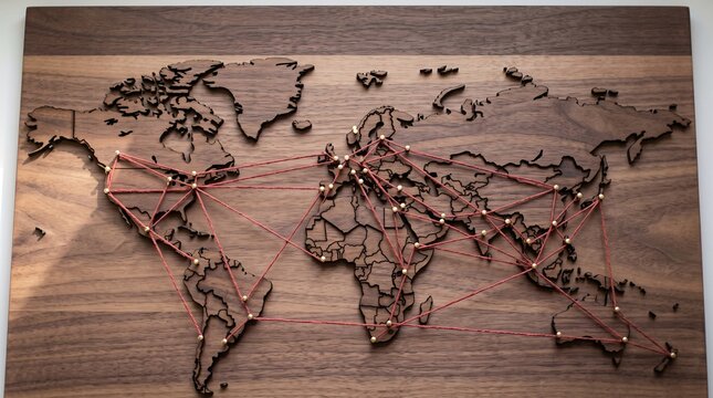Abstract wooden world map displaying a complex network of interconnected points with red string