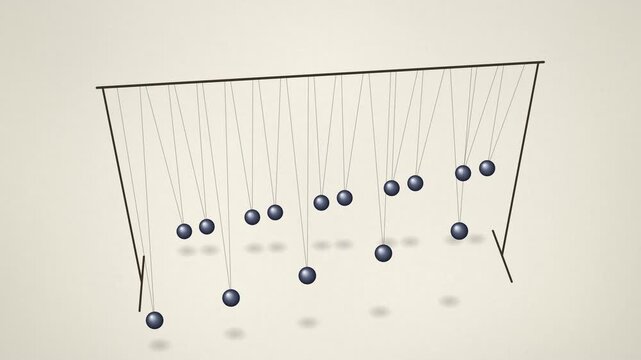 Pendulum wave of fifteen steel balls swinging in snaking rows on cream paper, seamless loop