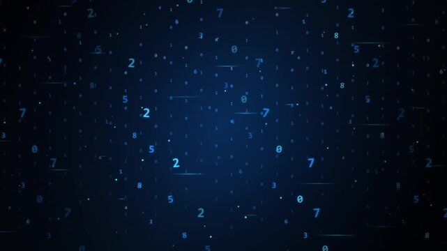 Digital data stream with floating blue numbers animation 4k background for technology and coding themes