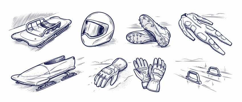 Bobsled winter sports equipment sketch collection featuring skeleton sled helmet gloves racing suit isolated on white retro engraved line art design elements for extreme ice track competition