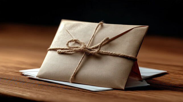 Vintage brown envelope tied with twine on wooden table, nostalgic and elegant, perfect for invitations or letters