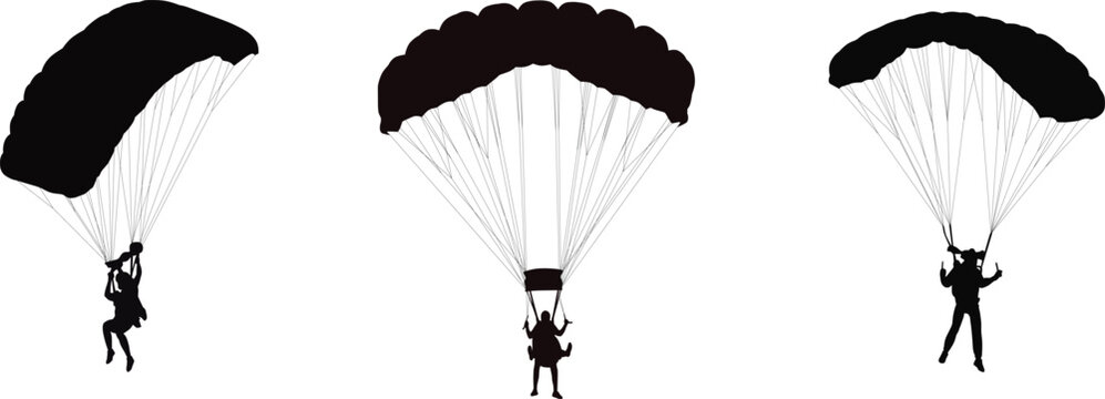 Set of black parachutist silhouettes isolated on white background