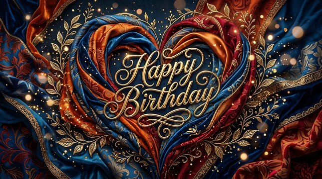 Happy Birthday gold text on heart shaped blue and red silk fabric background