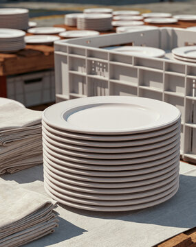 Stacked White Ceramic Plates with Linen Napkins on Rental Return Table in Realistic Setting
