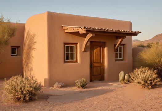 Small adobe style house with wooden door and cactus garden at sunset
