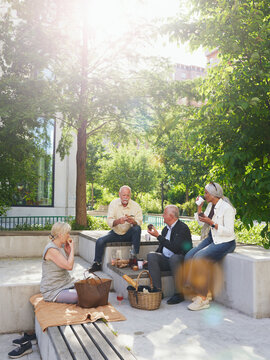 Group of four senior friends enjoying picnic together in sunny city park